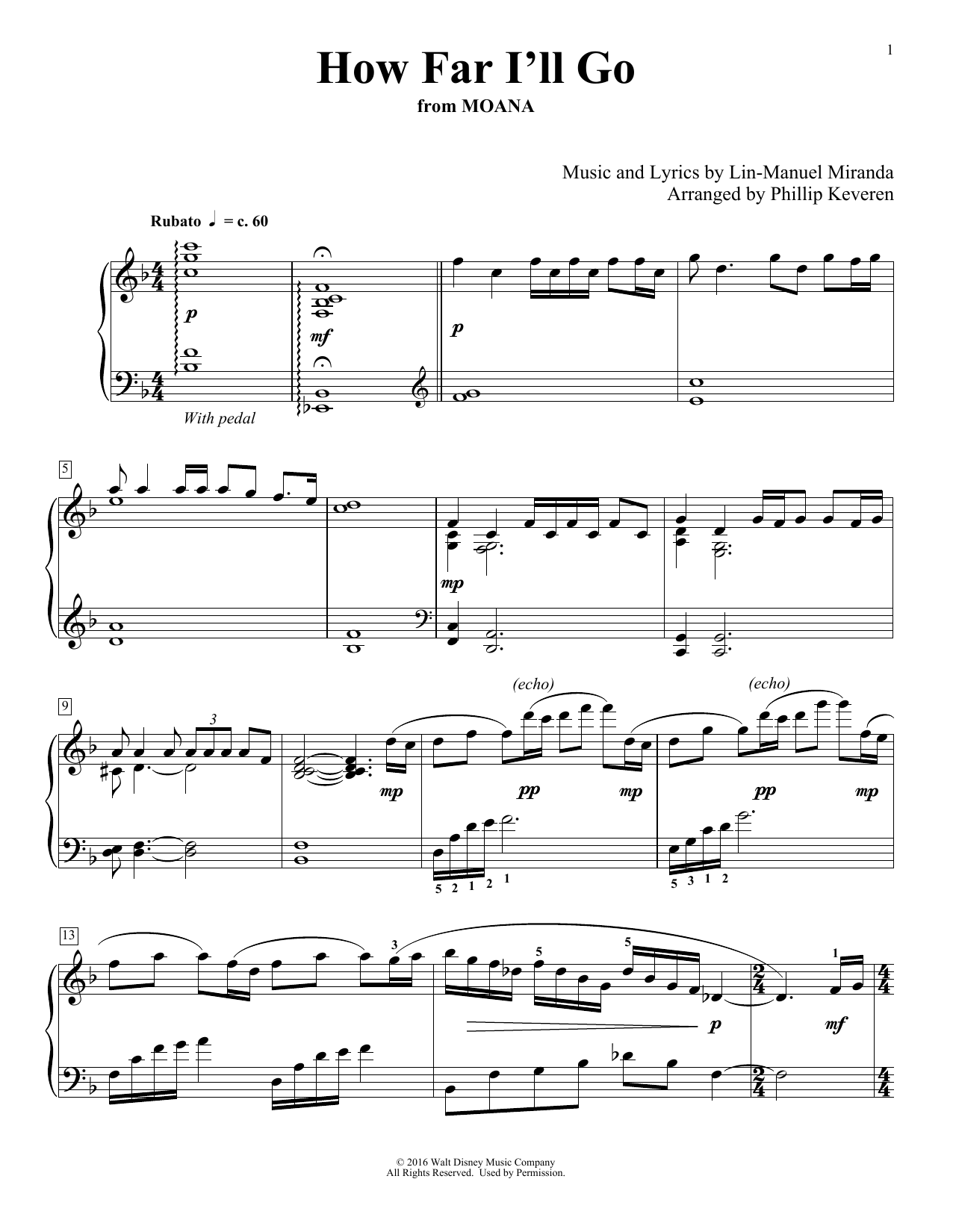 Produktbild zu:  How Far I'll Go (from Moana) (arr. Phillip Keveren) - Lin-Manuel Miranda