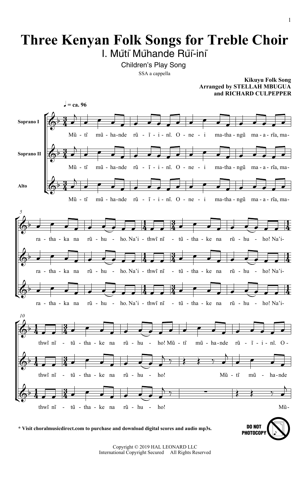 Produktgalerie: Seite 1 von 1 Three Kenyan Folksongs for Treble Choir, Stellah Mbugua and Richard Culpepper, Chor