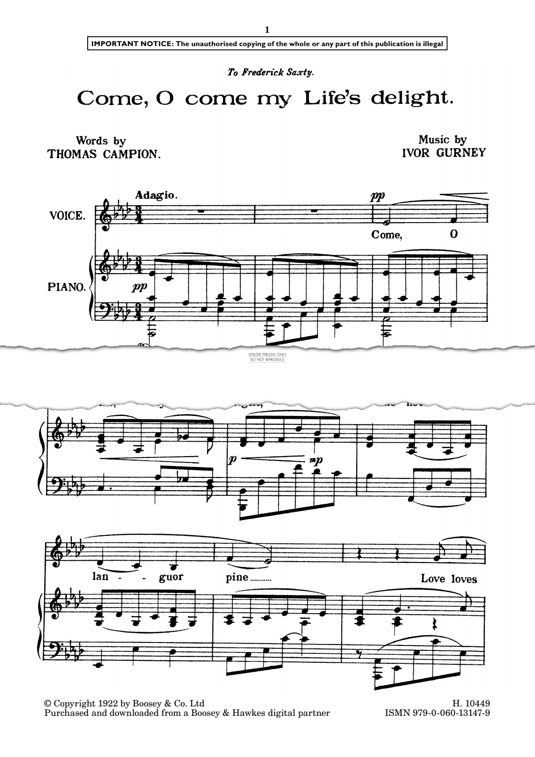 Produktgalerie: Seite 1 von 1 Come, O come, my life's delight, Ivor Gurney, Gesang, Klavier