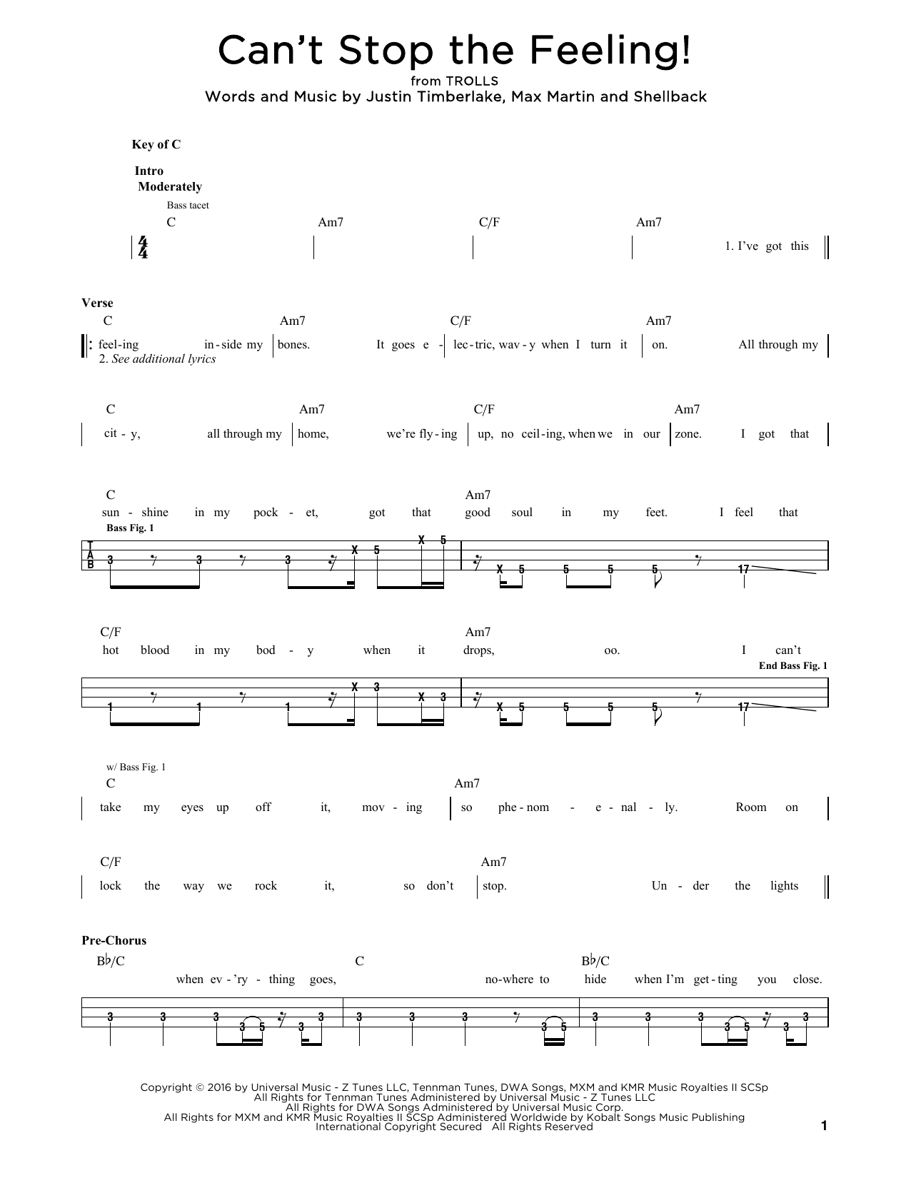 Produktgalerie: Seite 1 von 1 Can't Stop The Feeling!, Justin Timberlake, E-Bass, Gitarre
