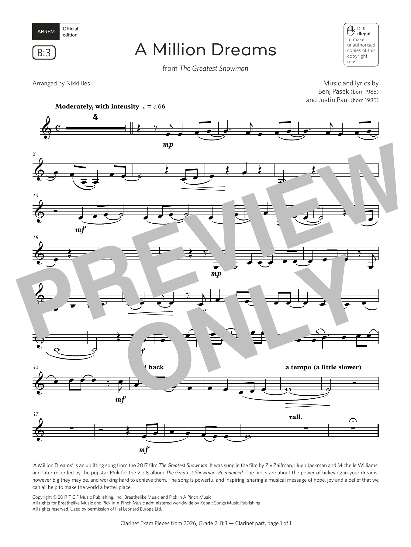Product gallery: Page 1 of 1 A Million Dreams (Grade 2, list B3, from the ABRSM Clarinet Syllabus from 2026), Pasek & Paul
