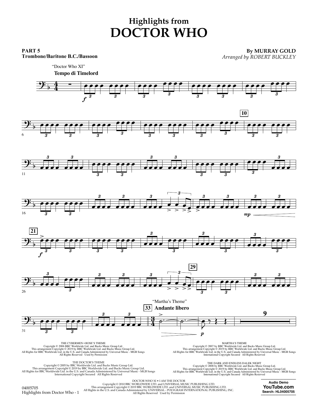 Produktbild zu: Highlights from Doctor Who (arr. Robert Buckley) - Pt.5 - Trombone/Bar. B.C./Bsn.