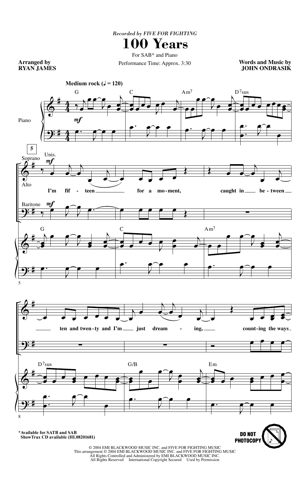 Product picture to: 100 Years (arr. Ryan James)