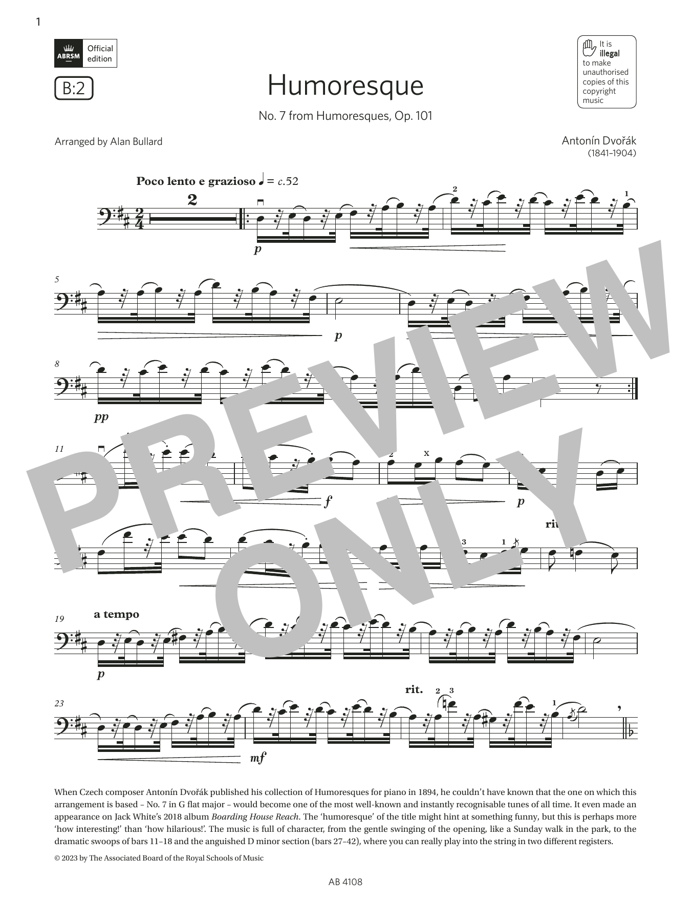 Produktgalerie: Seite 1 von 1 Humoresque (Grade 5, B2, from the ABRSM Cello Syllabus from 2024), Antonín Dvořák, Violoncello