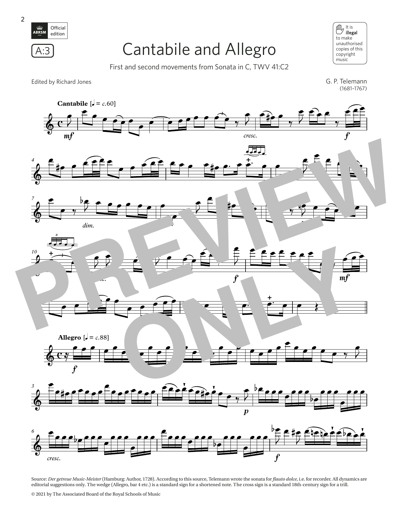 Product gallery: Page 1 of 1 Cantabile and Allegro (from Sonata in C) (Grade 6 List A3 from the ABRSM Flute syllabus from 2022), Georg Philipp Telemann