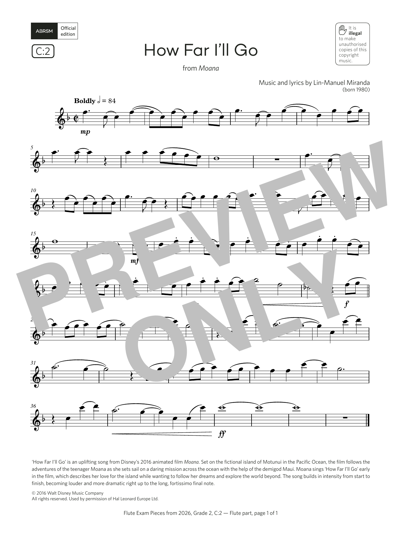 Product gallery: Page 1 of 1 How Far I'll Go (Grade 2, list C2, from the ABRSM Flute Syllabus from 2026), Lin-Manuel Miranda