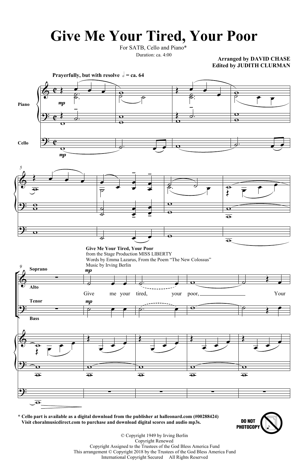Product picture to: Give Me Your Tired, Your Poor (with God Bless America) (arr. David Chase)