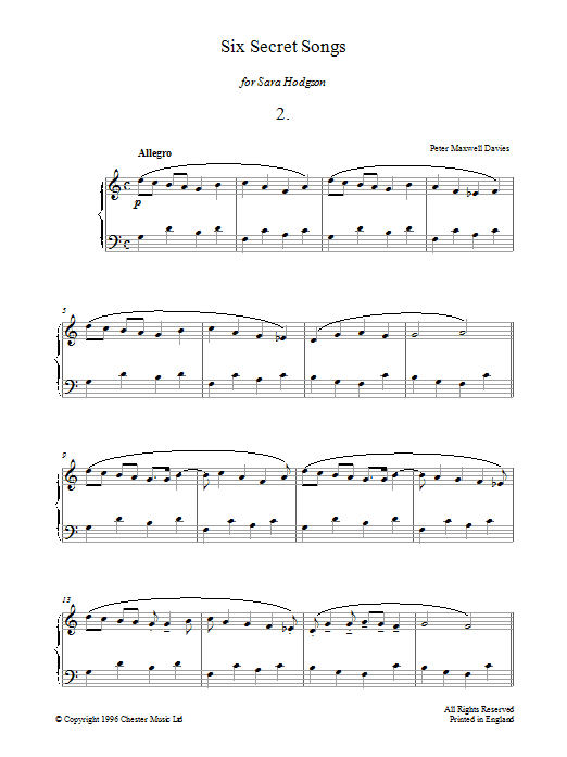Product gallery: Page 1 of 1 Six Secret Songs, No.2, Allegro, Peter Maxwell Davies