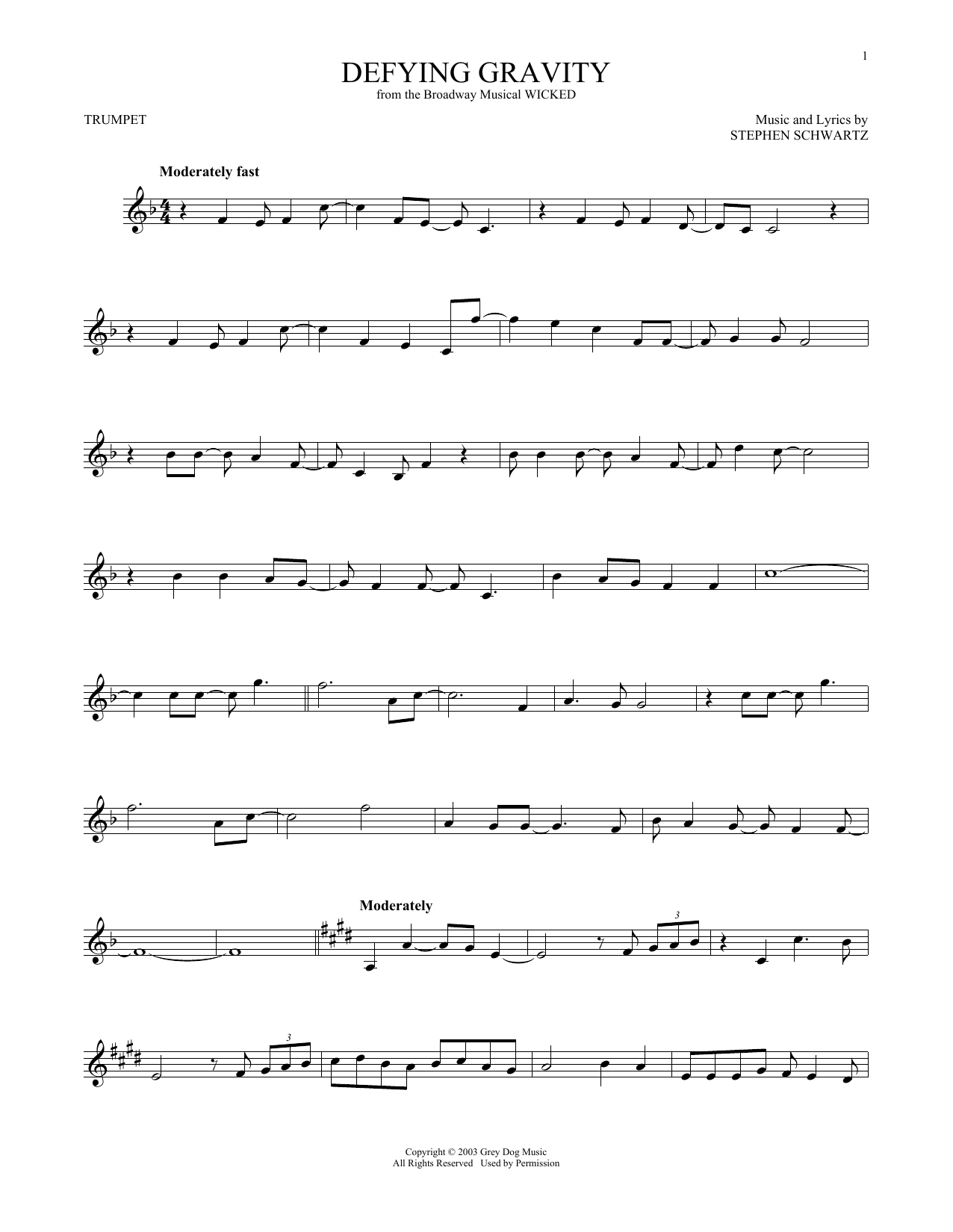 Produktgalerie: Seite 1 von 1 Defying Gravity (from Wicked), Stephen Schwartz, Trompete