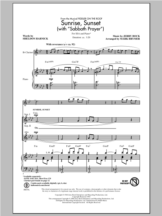 Produktgalerie: Seite 1 von 1 Sunrise, Sunset (with Sabbath Prayer), Sheldon Harnick & Jerry Bock, Chor