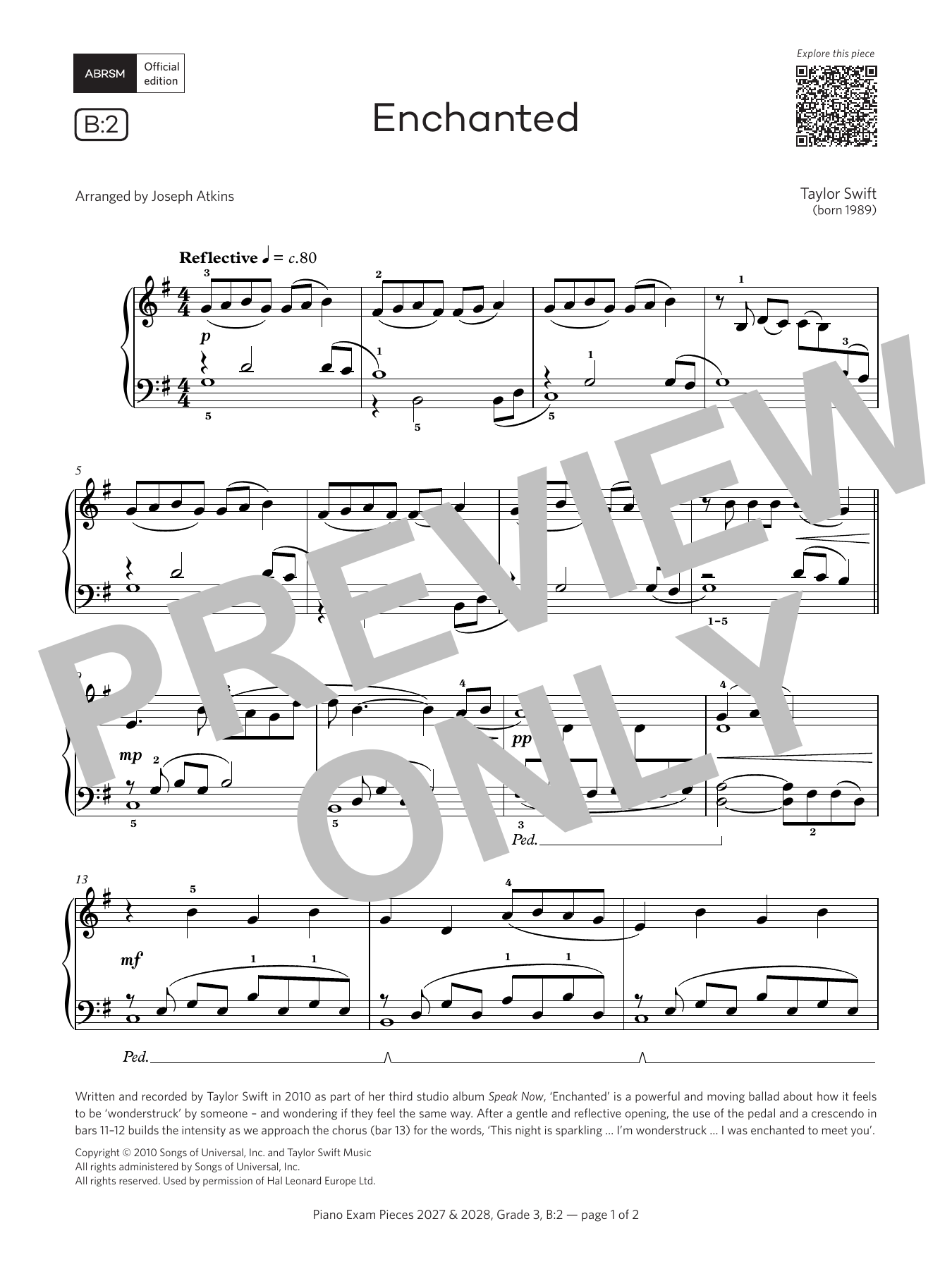 Product gallery: Page 1 of 1 Enchanted (Grade 3, list B2, from the ABRSM Piano Syllabus 2027 & 2028), Taylor Swift