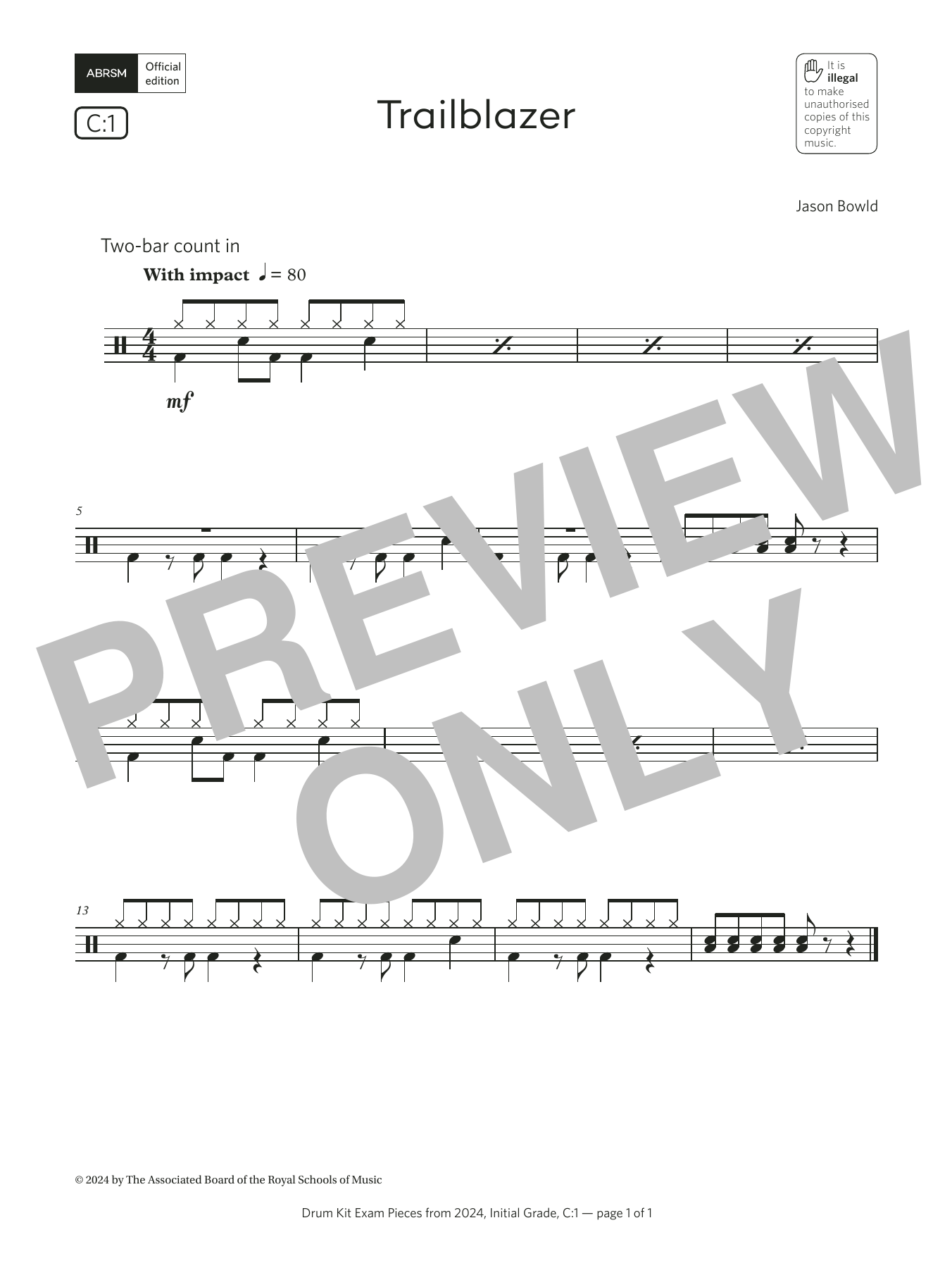 Product gallery: Page 1 of 1 Trailblazer (Grade Initial, list C1, from the ABRSM Drum Kit Syllabus 2024), Jason Bowld