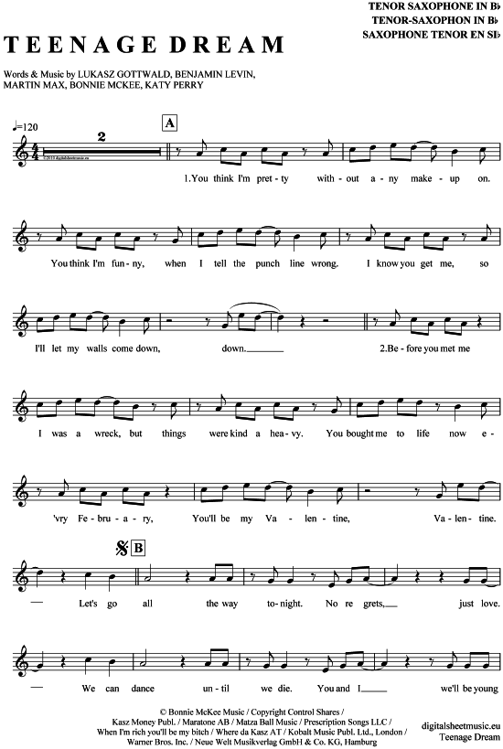 Product gallery: Page 1 of 4 Teenage Dream , Perry, Katy, Tenor Saxophone