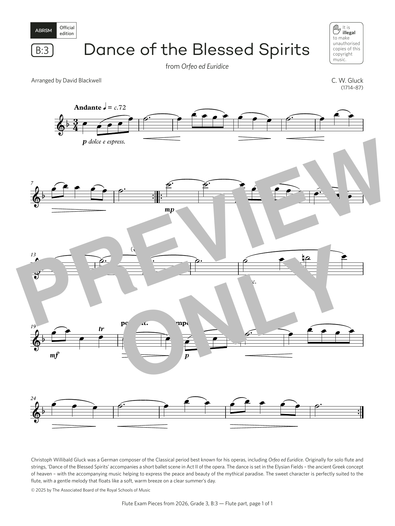 Product gallery: Page 1 of 1 Dance of the Blessed Spirits (Grade 3, list B3, from the ABRSM Flute Syllabus from 2026), Christoph Gluck