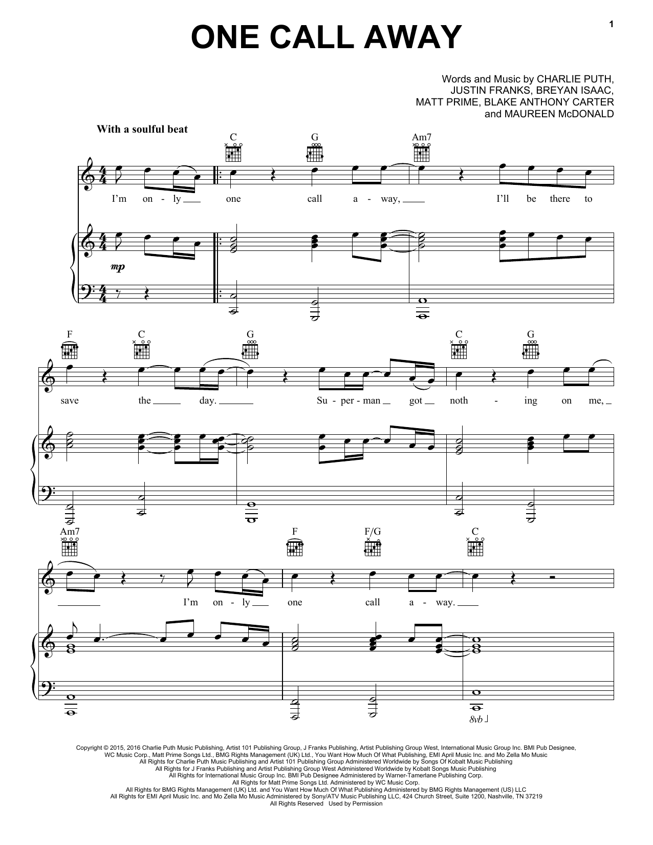 Produktgalerie: Seite 1 von 1 One Call Away, Charlie Puth, Gesang, Gitarre, Klavier