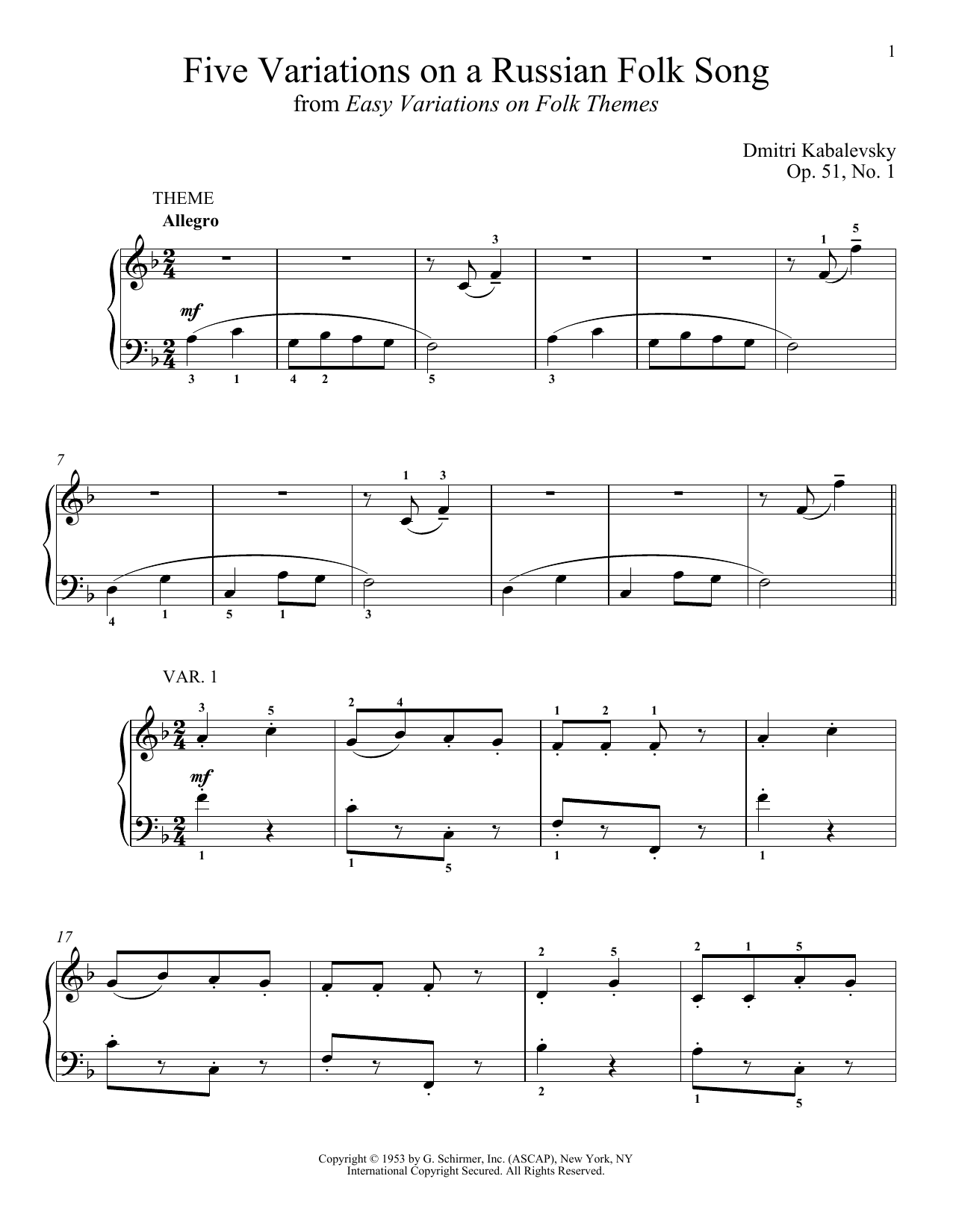 Product gallery: Page 1 of 1 Five Variations On A Russian Folk Song, Op. 51, No. 1, Dmitri Kabalevsky