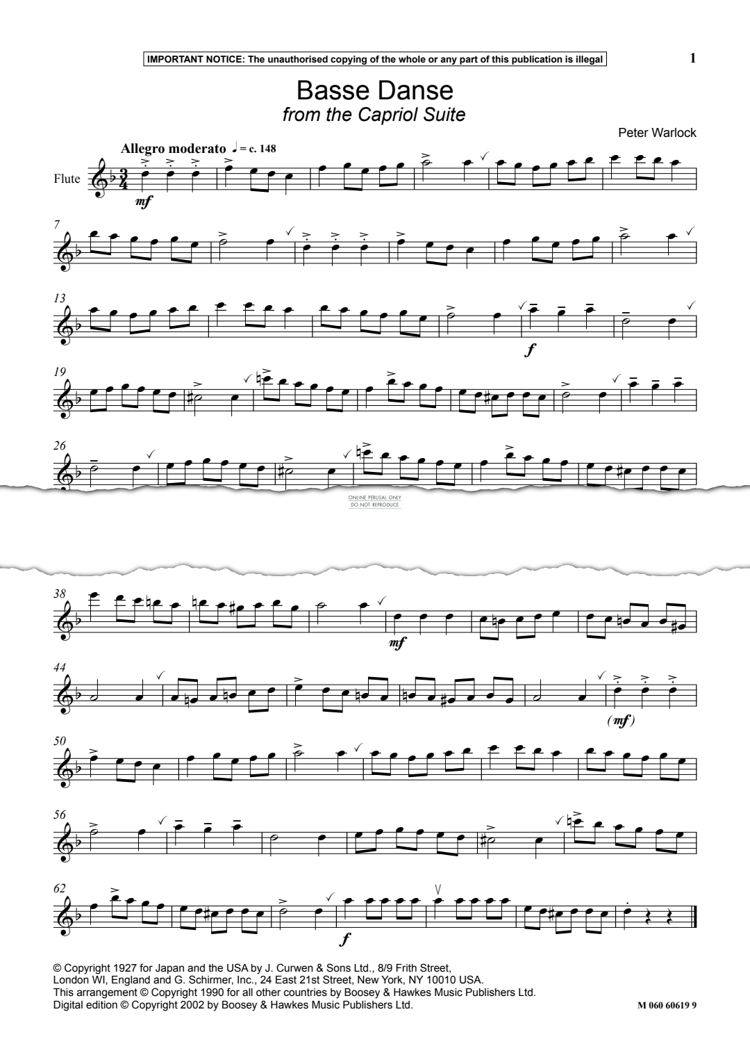 Produktgalerie: Seite 1 von 1 Basse Danse from 'The Capriol Suite', Peter Warlock, Flöte, Keyboard