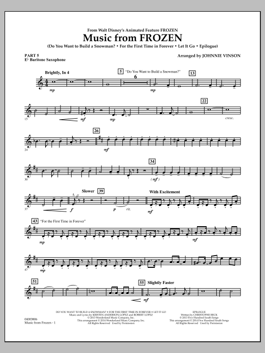Produktbild zu:  Music from "Frozen" - Pt.5 - Eb Baritone Saxophone - Johnnie Vinson