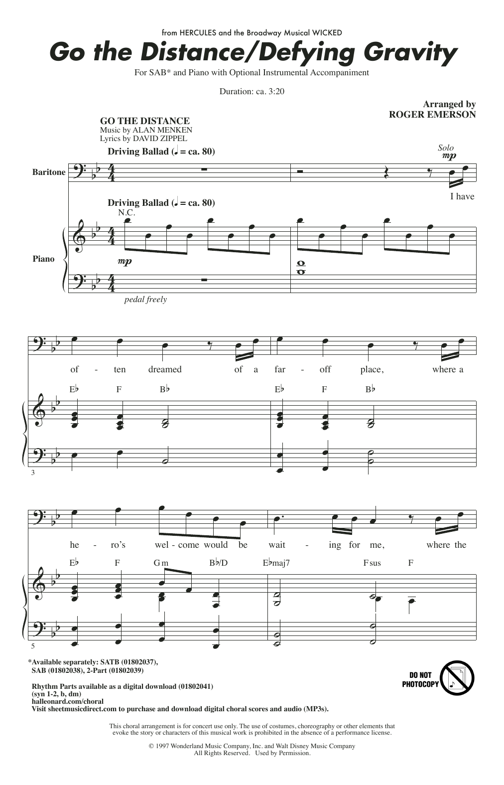 Product picture to: Go The Distance / Defying Gravity (arr. Roger Emerson)