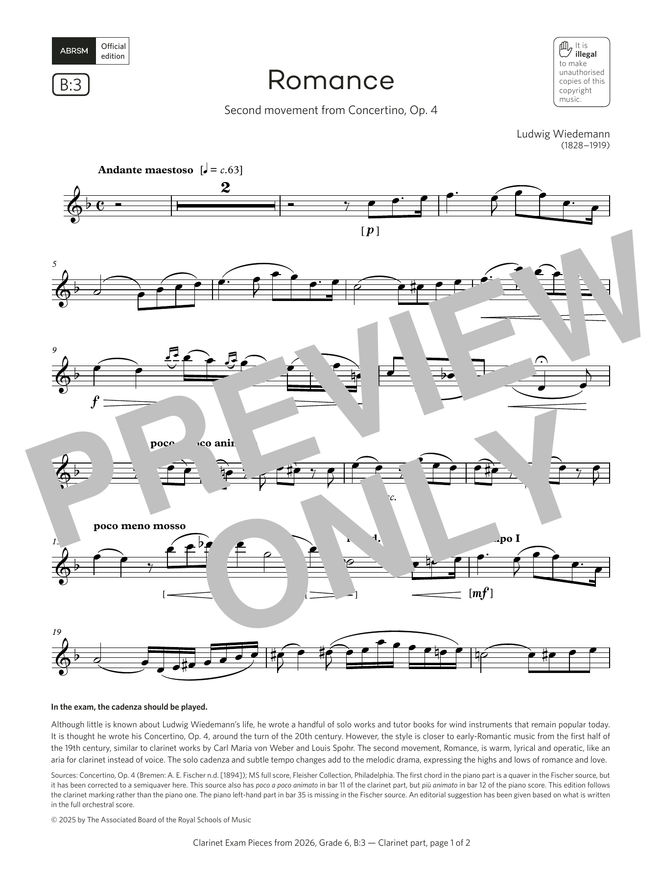 Product picture to:  Romance (Grade 6, list B3, from the ABRSM Clarinet Syllabus from 2026) - Ludwig Wiedemann