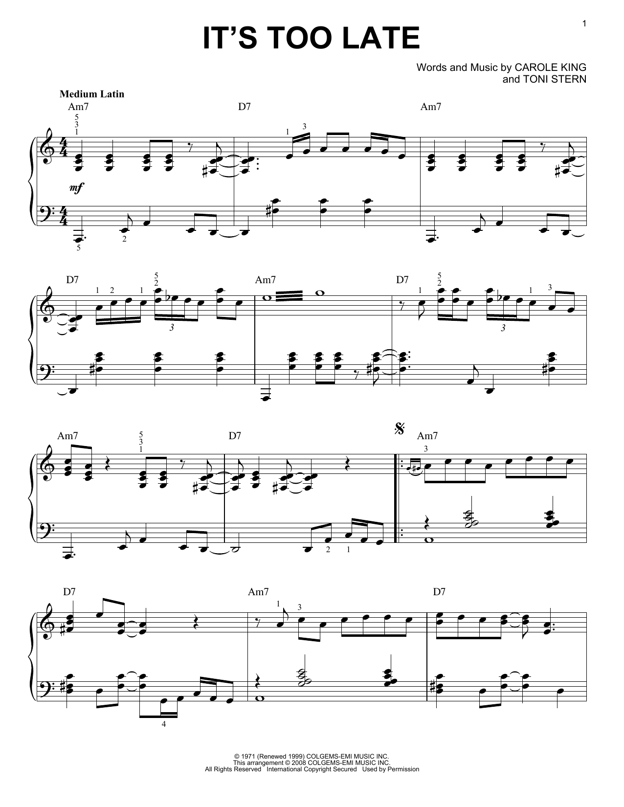 Product gallery: Page 1 of 1 It's Too Late [Jazz version] (arr. Brent Edstrom), Carole King