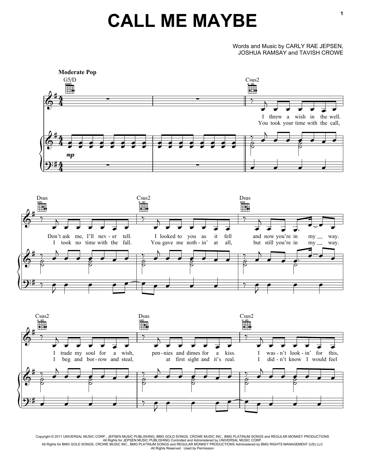 Produktgalerie: Seite 1 von 1 Call Me Maybe, Carly Rae Jepsen, Gesang, Gitarre, Klavier