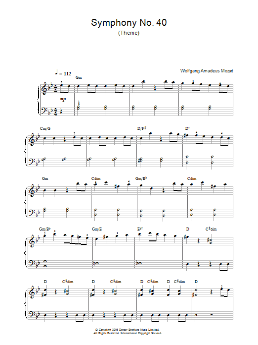Produktgalerie: Seite 1 von 1 Symphony No. 40 (Theme), Wolfgang Amadeus Mozart, Gesang, Gitarre, Klavier