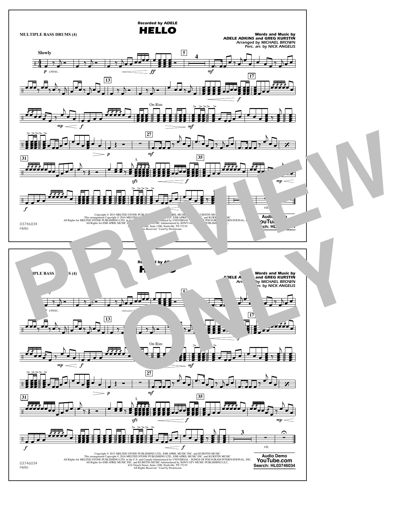Produktgalerie: Seite 1 von 1 Hello - Multiple Bass Drums, Adele, Greg Kurstin, Nick Angelis, Ensemble