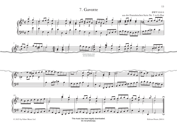 Produktgalerie: Seite 1 von 1 Gavotte from French Suite No. 5 in G major, BWV 816 / 4, Johann Sebastian Bach, Klavier
