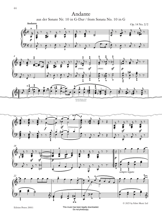 Produktgalerie: Seite 1 von 1 Andante (2nd movt from Sonata No. 10 in G, Op. 14 No. 2), Ludwig van Beethoven, Klavier