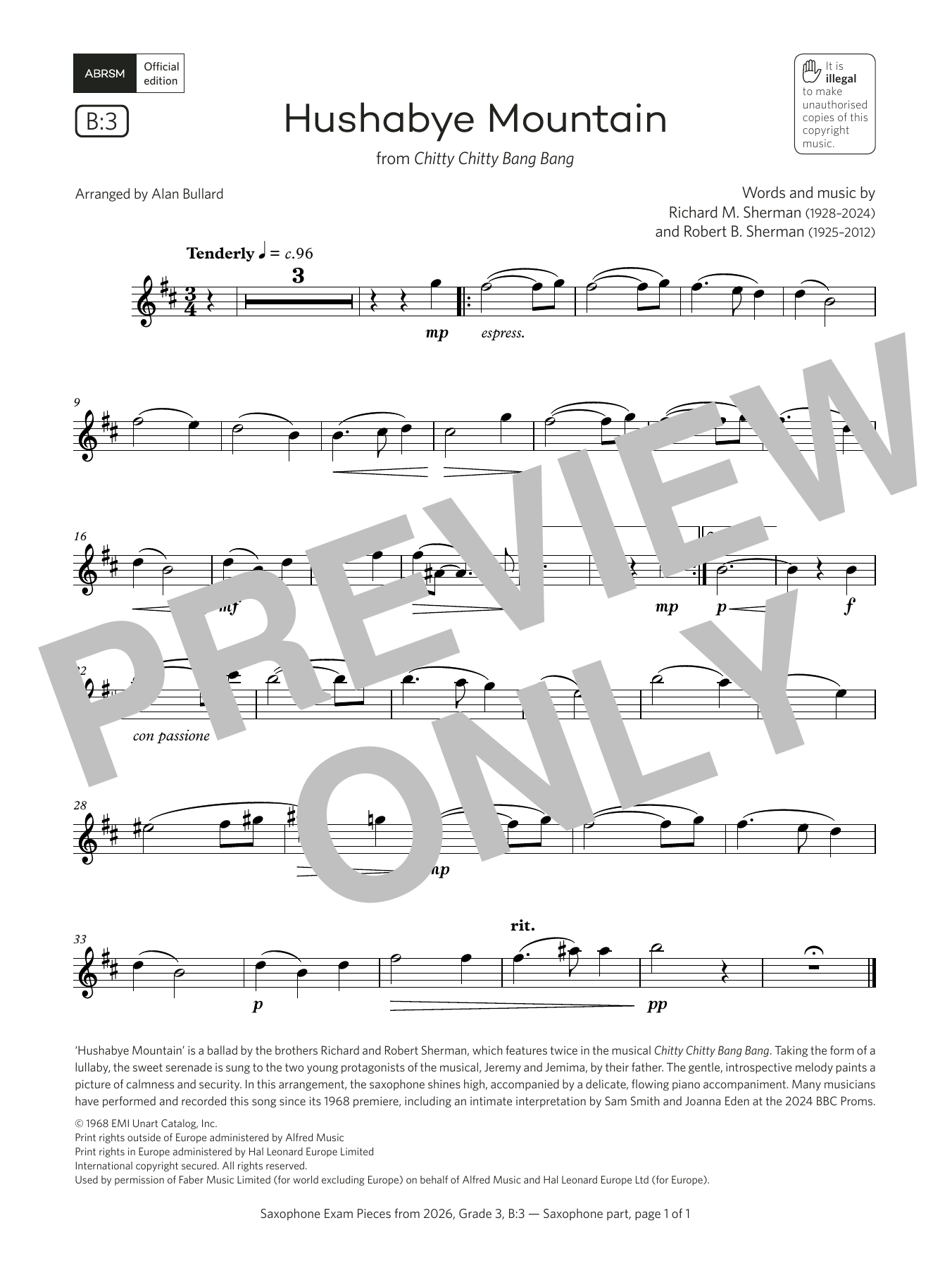 Product gallery: Page 1 of 1 Hushabye Mountain (Grade 3, list B3, from the ABRSM Saxophone Syllabus from 2026), Robert Sherman