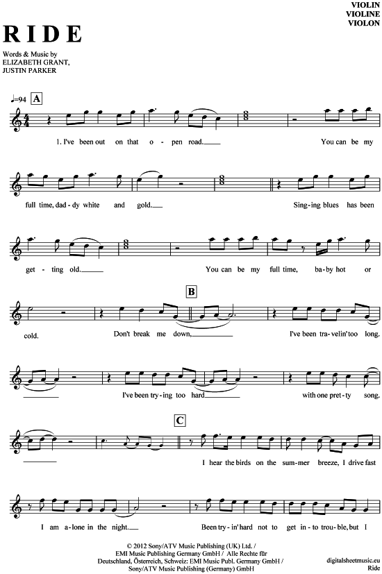 Ride (Lana del Rey) | Sheet Music: violin | PDF Download