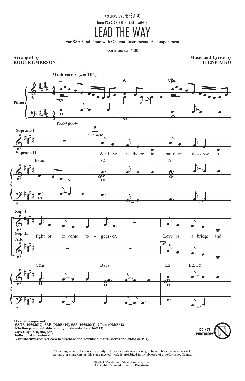 Produktgalerie: Seite 1 von 1 Lead The Way (from Raya And The Last Dragon) (arr. Roger Emerson), Jhené Aiko, Chor
