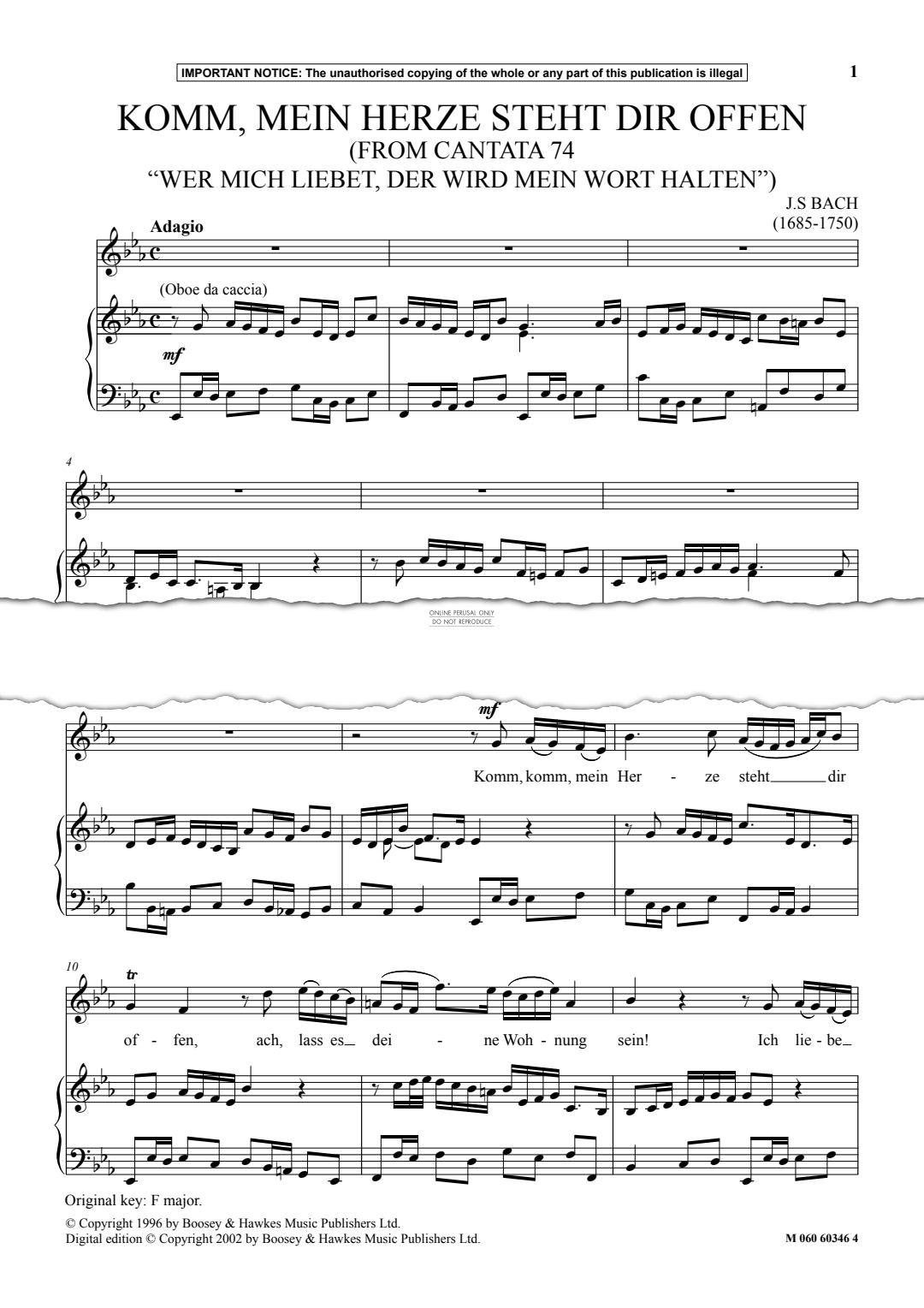 Produktgalerie: Seite 1 von 1 Komm, Mein Herze Steht Dir Offen (from Cantata 74 Wer Mich Liebet, Der Wird Mein Wort Halten), Johann Sebastian Bach, Gesang, Klavier