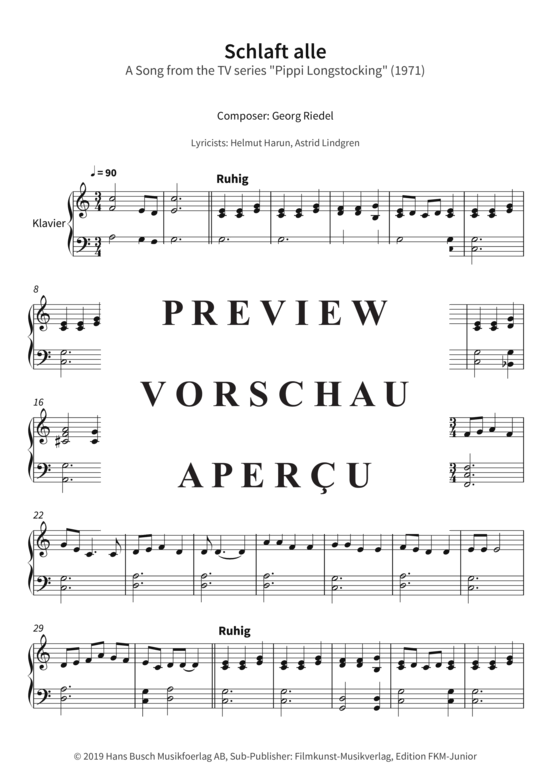 Product gallery: Page 4 of 5 Schlaft alle - A Song from the TV series Pippi Longstocking (1971) , , Piano Solo