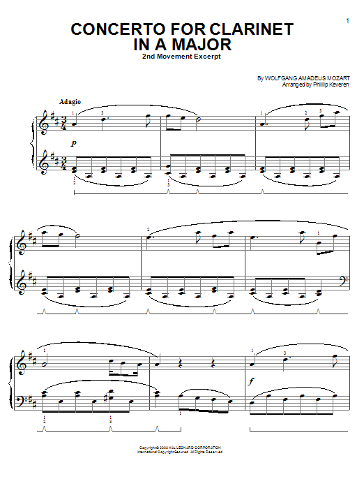 Product picture to: Concerto for Clarinet in A Major, Second Movement Excerpt (from Out of Africa) (arr. Phillip Keveren