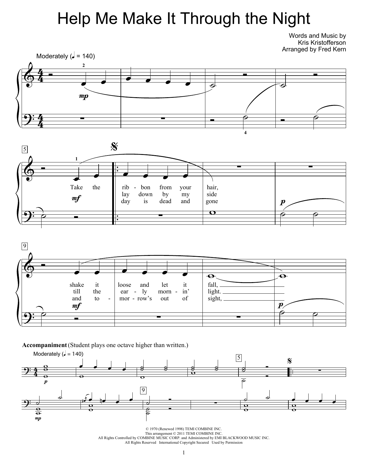 Produktgalerie: Seite 1 von 1 Help Me Make It Through The Night, Elvis Presley, Kris Kristofferson, Sammi Smith, Klavier