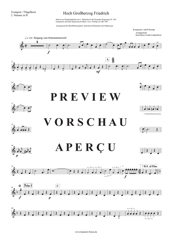 Produktgalerie: Seite 10 von 21 Hoch! Großherzog Friedrich , Blasorchester Fatamo, (Blechbläser Quintett - flexible Besetzung + Schlagzeug)