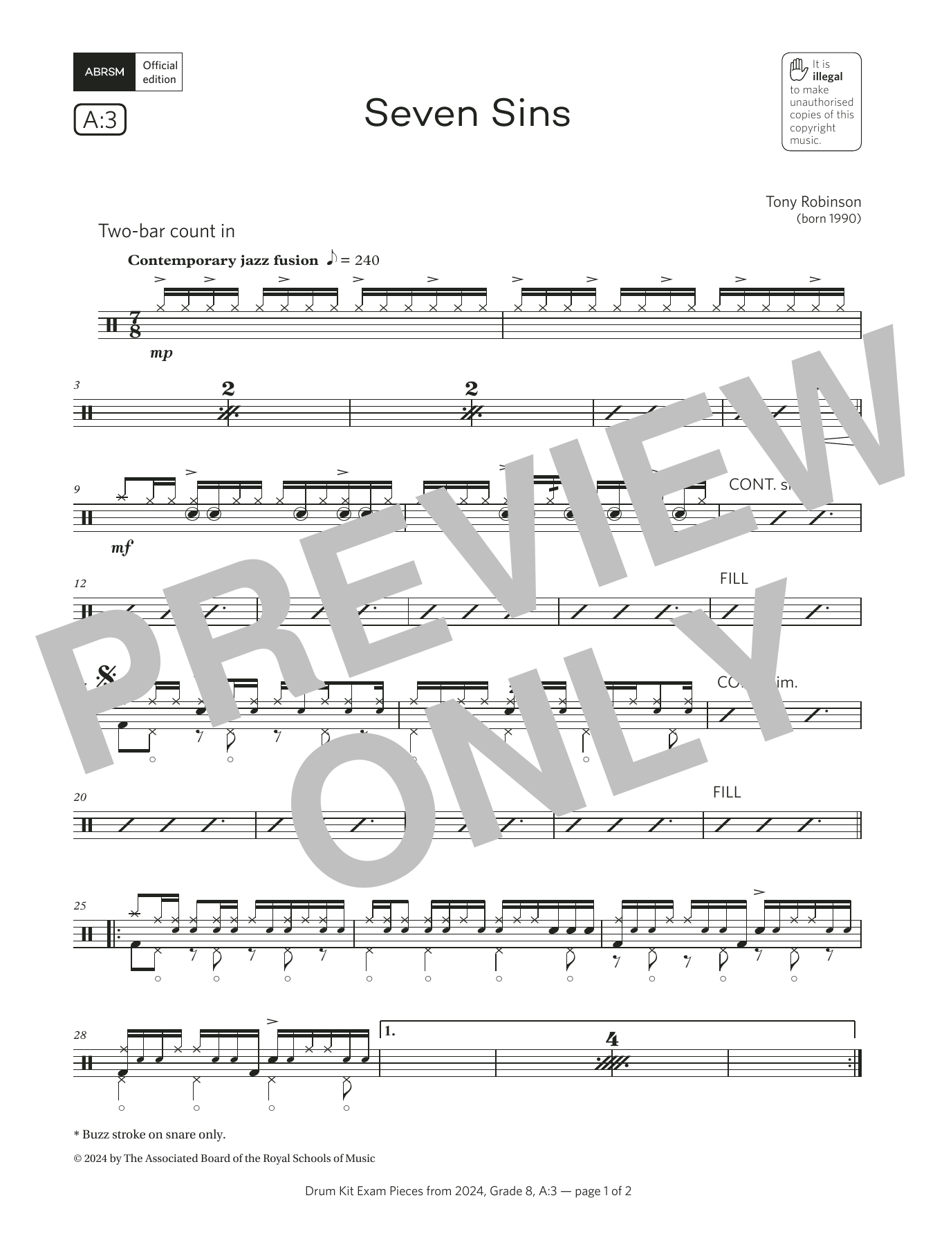 Product gallery: Page 1 of 1 Seven Sins (Grade 8, list A3, from the ABRSM Drum Kit Syllabus 2024), Tony Robinson