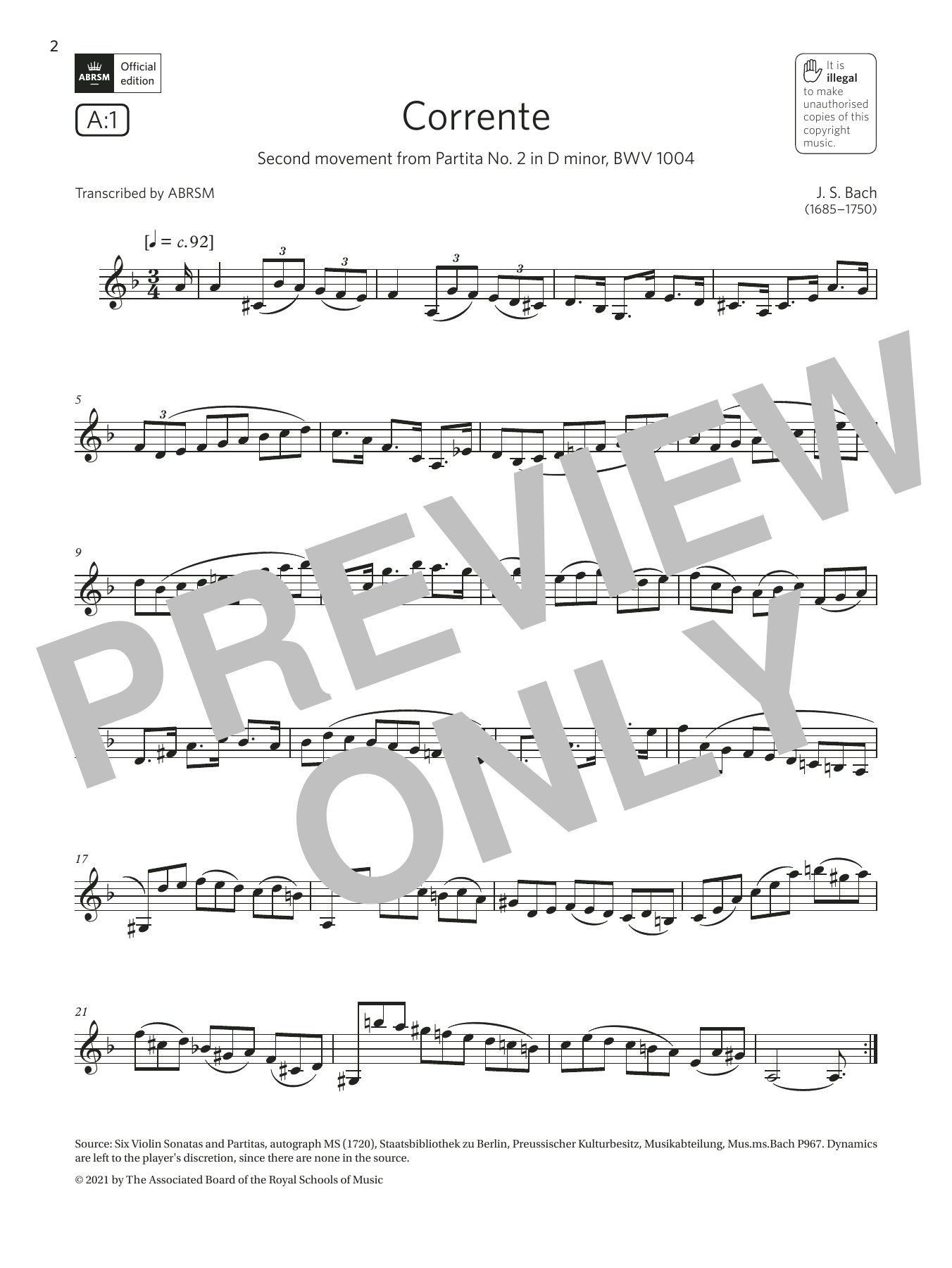 Produktgalerie: Seite 1 von 1 Corrente (from Partita No2 in D minor) (Grade 6 List A1 from the ABRSM Clarinet syllabus from 2022), Johann Sebastian Bach, Klarinette