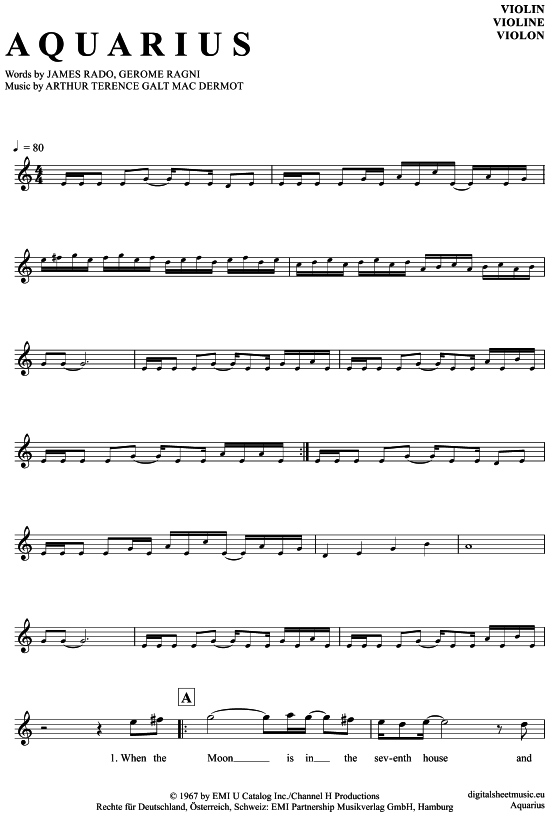 Product gallery: Page 1 of 4 Aquarius , Hair (Musical), (violin)