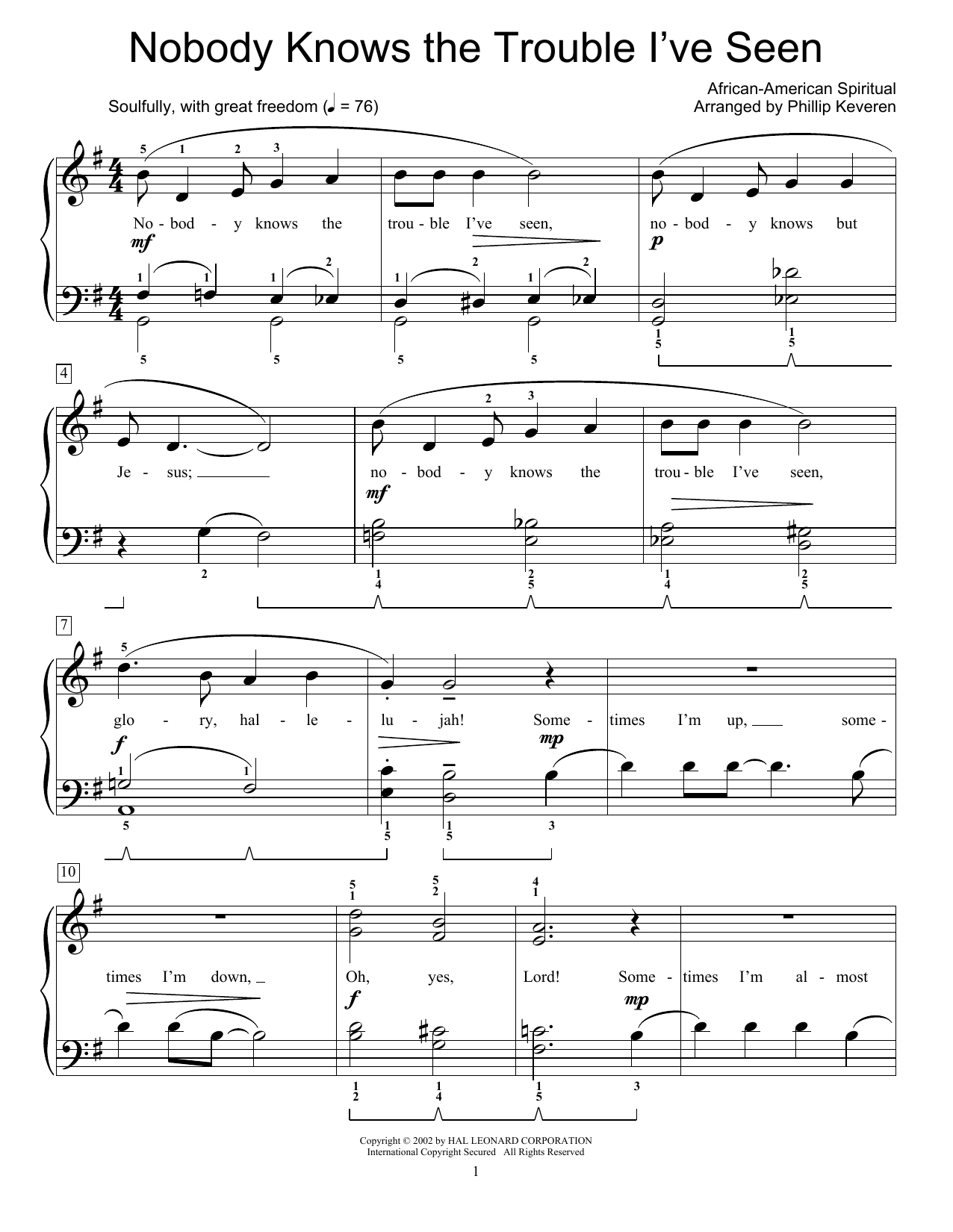 Product gallery: Page 1 of 1 Nobody Knows The Trouble I've Seen (arr. Phillip Keveren), African-American Spiritual