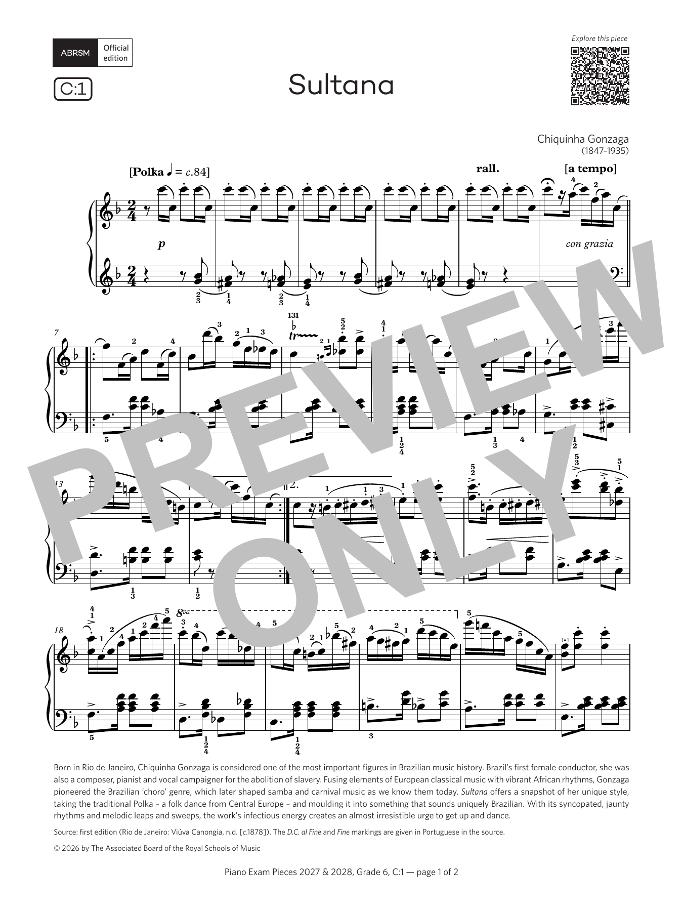 Product gallery: Page 1 of 1 Sultana (Grade 6, list C1, from the ABRSM Piano Syllabus 2027 & 2028), Chiquinha Gonzaga