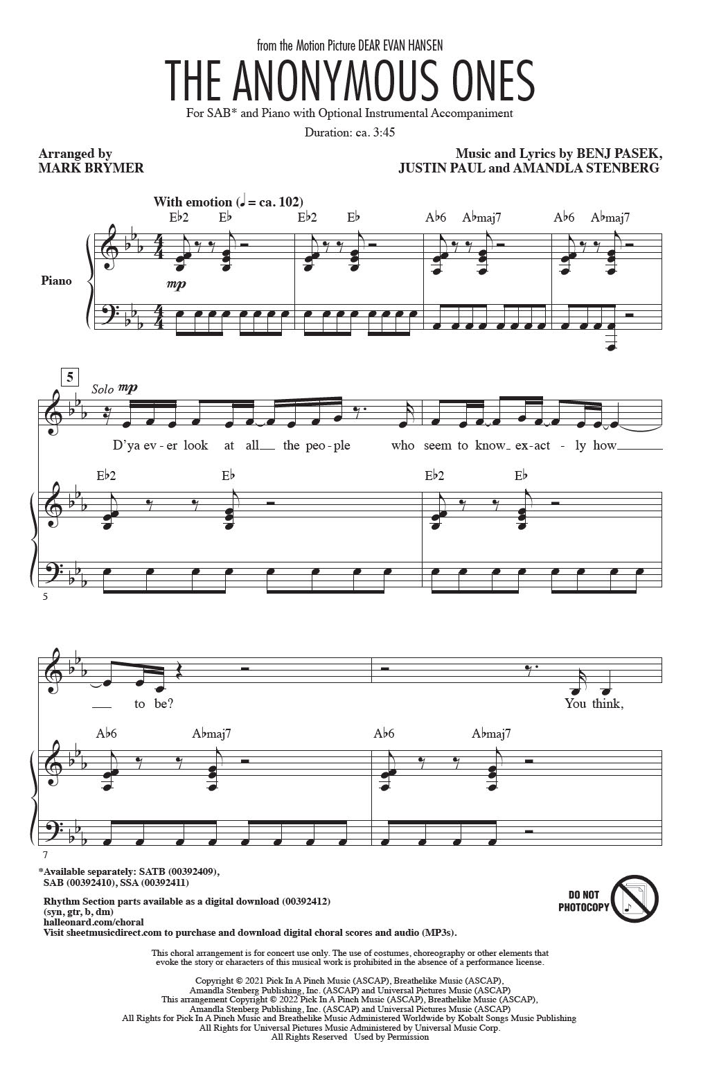 Produktbild zu: The Anonymous Ones (from Dear Evan Hansen) (arr. Mark Brymer)