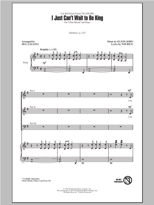 Produktbild zu: I Just Can't Wait To Be King (from The Lion King) (arr. Jill Gallina)