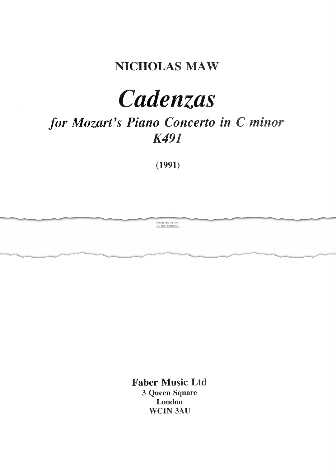 Produktgalerie: Seite 1 von 1 Cadenzas for Mozart's Piano Concerto in C Minor K491, Nicholas Maw, Klavier