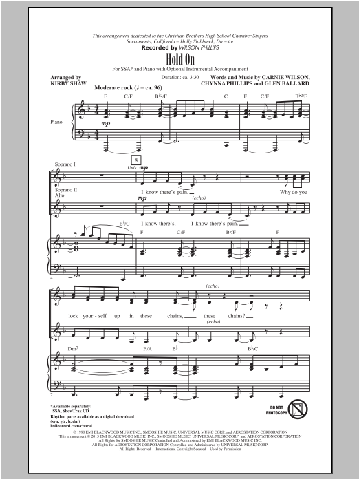 Produktgalerie: Seite 1 von 1 Hold On (arr. Kirby Shaw), Wilson Phillips, Chor