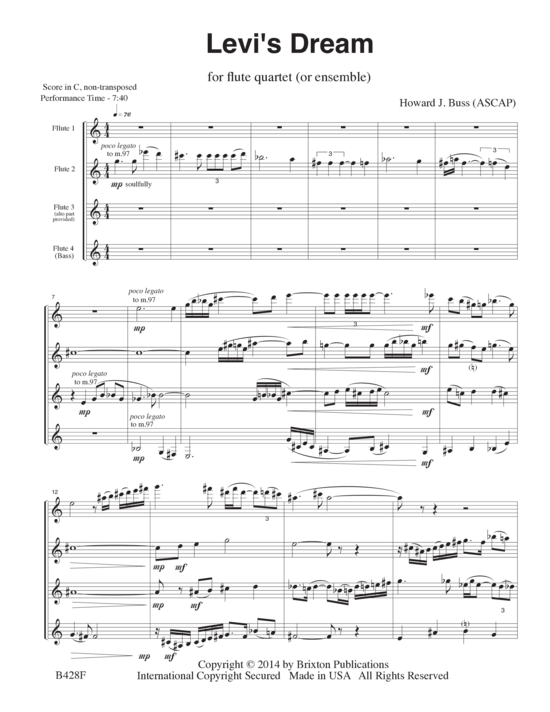 Levi´s Dream (4 Flöten oder Ensemble (3 C & 1 Bass - oder 2 C, Alt, Bass) 