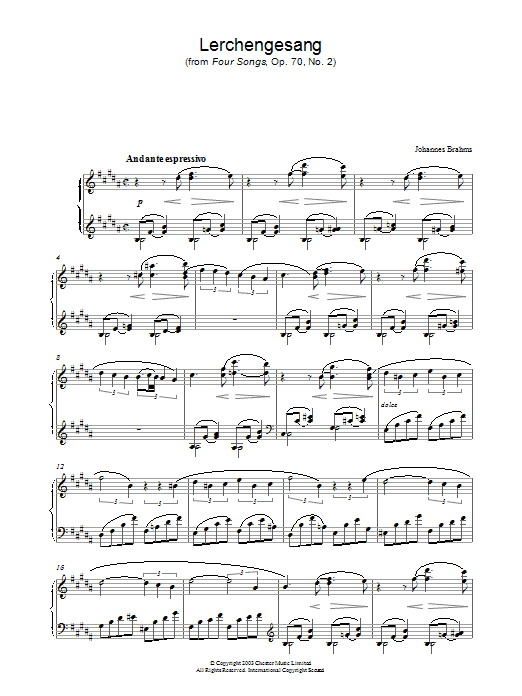 Product gallery: Page 1 of 1 Lerchengesang (from Four Songs, Op. 70, No. 2), Johannes Brahms