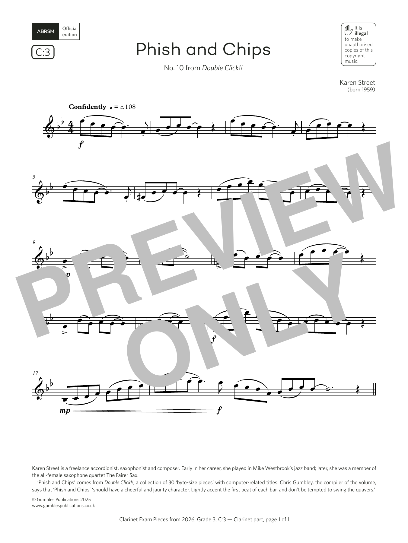 Product gallery: Page 1 of 1 Phish and Chips (Grade 3, list C3, from the ABRSM Clarinet Syllabus from 2026), Karen Street